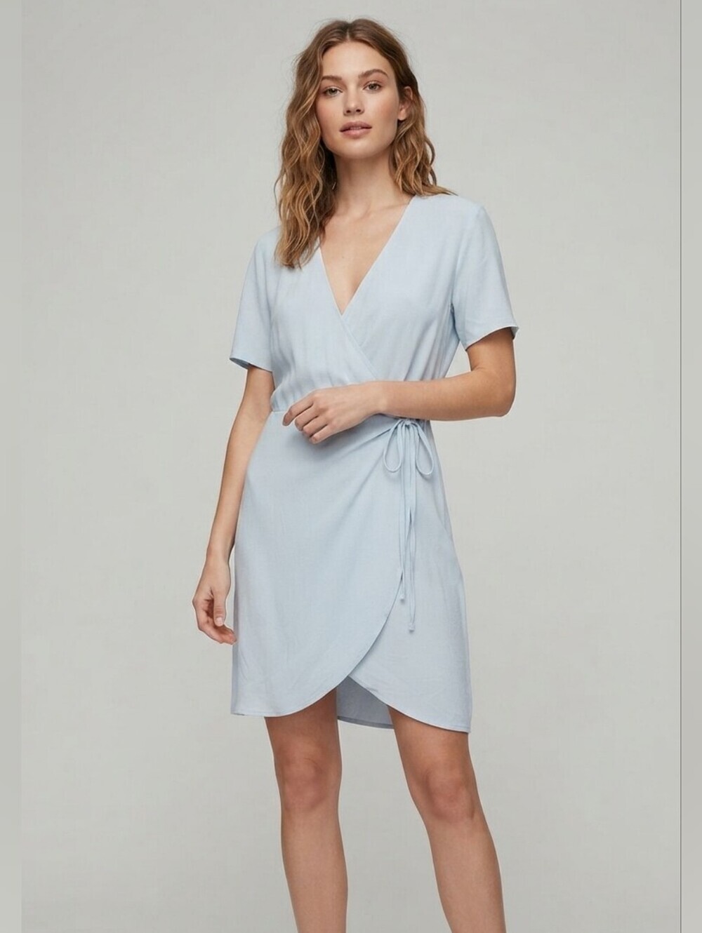 Babaton Light Blue Tie-Front Wrap Dress Size XS Poly Short Sleeve Mini